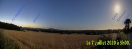 Panoramique (de cinq tuiles) montées avec PaintShop Pro. La planète Mars aurait dû se trouver au milieu de la photo, mais le cadrage (avec une ligne d'horizon trop haute) ne l'a pas permis ! Alors que le Soleil est sur le point de se lever, la comète (qui est passée au plus près de lui quatre jours avant) reste visible. Nikon D40, 18mm, 8s, 800ISO.