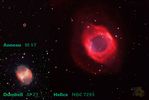 A05 : Comparaison de la taille de l'Hélice avec d'autres nébuleuses planétaires plus célèbres. Les différences sont principalement dues à l'âge et à la distance, environ 2900 années-lumière pour M 57 ; 860 pour M 27 et 520 pour NGC 7293.