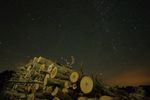 B16: Vue opposée. On reconnaît les constellations de Cassiopée et Persée sur la droite, de la Petite Ourse au-dessus du tas de bois. Le 9 août 2024 à Auzay, NEX-5T, 12mm, f/2, 800 ISO, 15s.